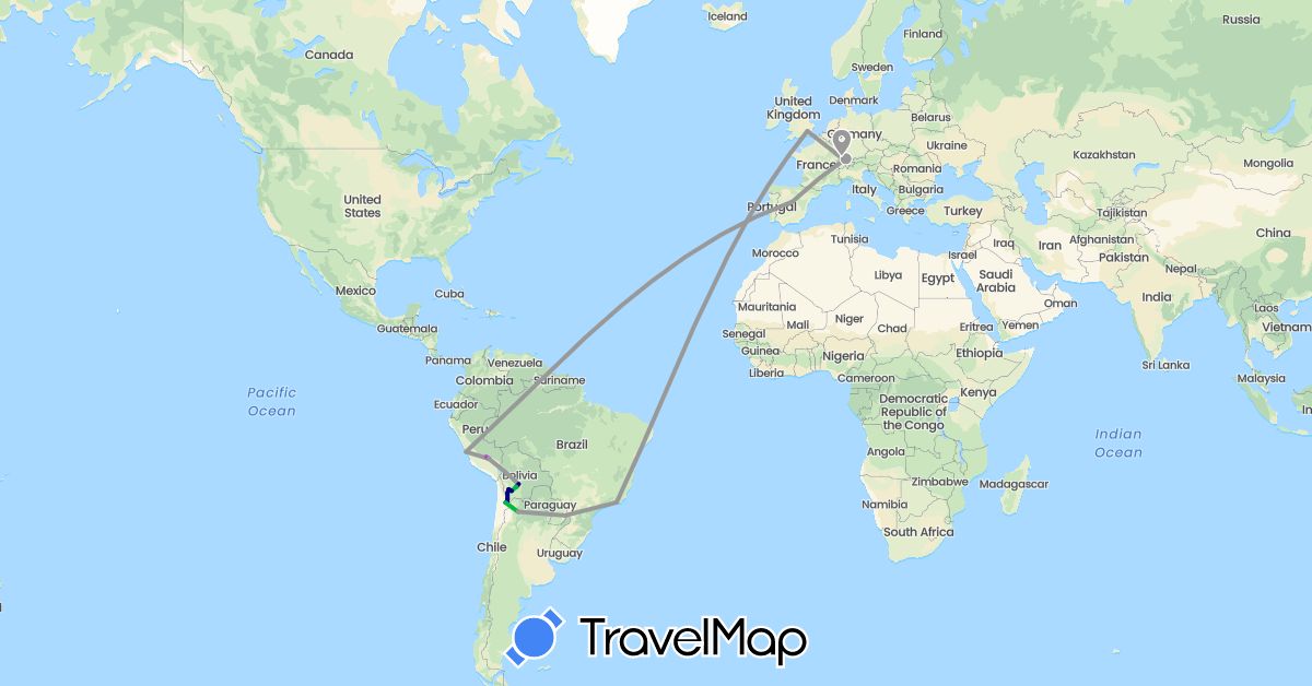 TravelMap itinerary: driving, bus, plane, train in Argentina, Bolivia, Brazil, Switzerland, Chile, Spain, United Kingdom, Peru (Europe, South America)